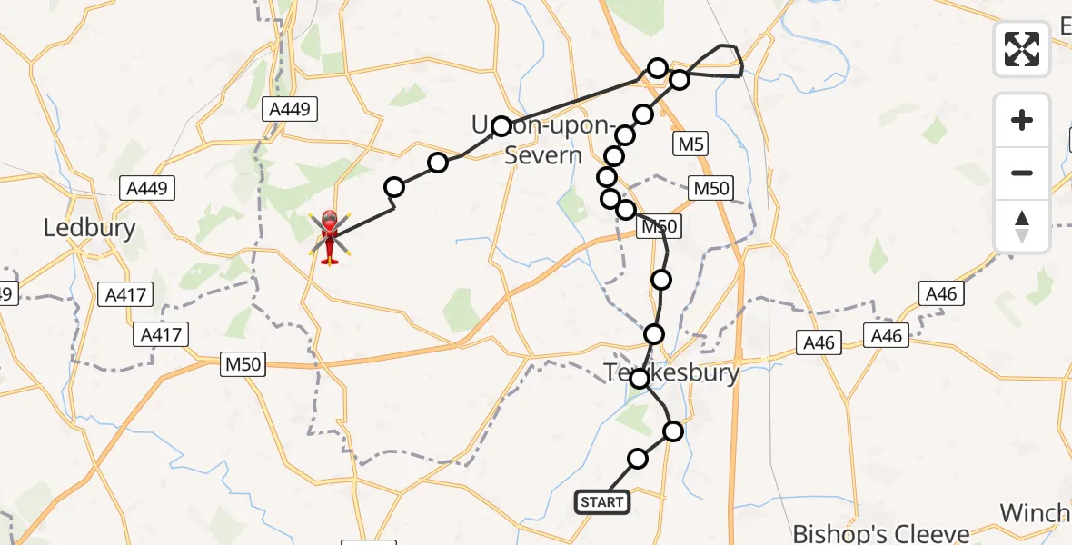 Routekaart van de vlucht: Air Ambulance Helicopter to Castlemorton, Gloucester Road