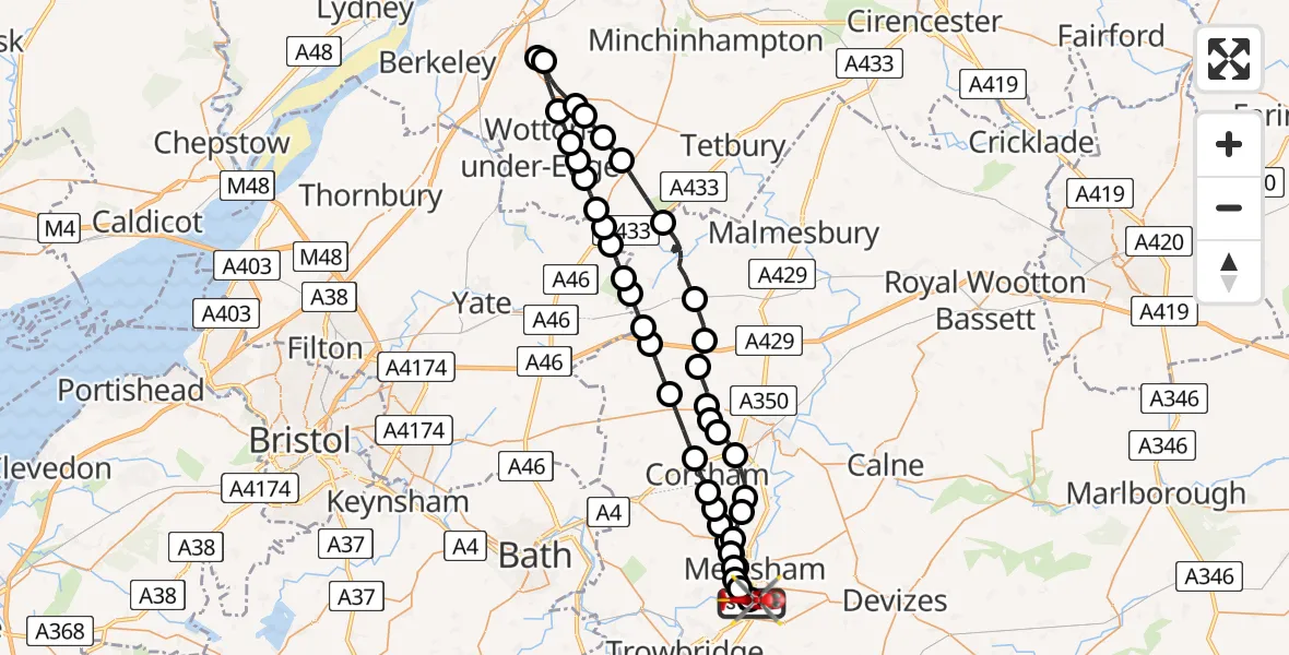 Flight path map showing Air Ambulance Helicopter route from Wiltshire Air Ambulance to Melksham