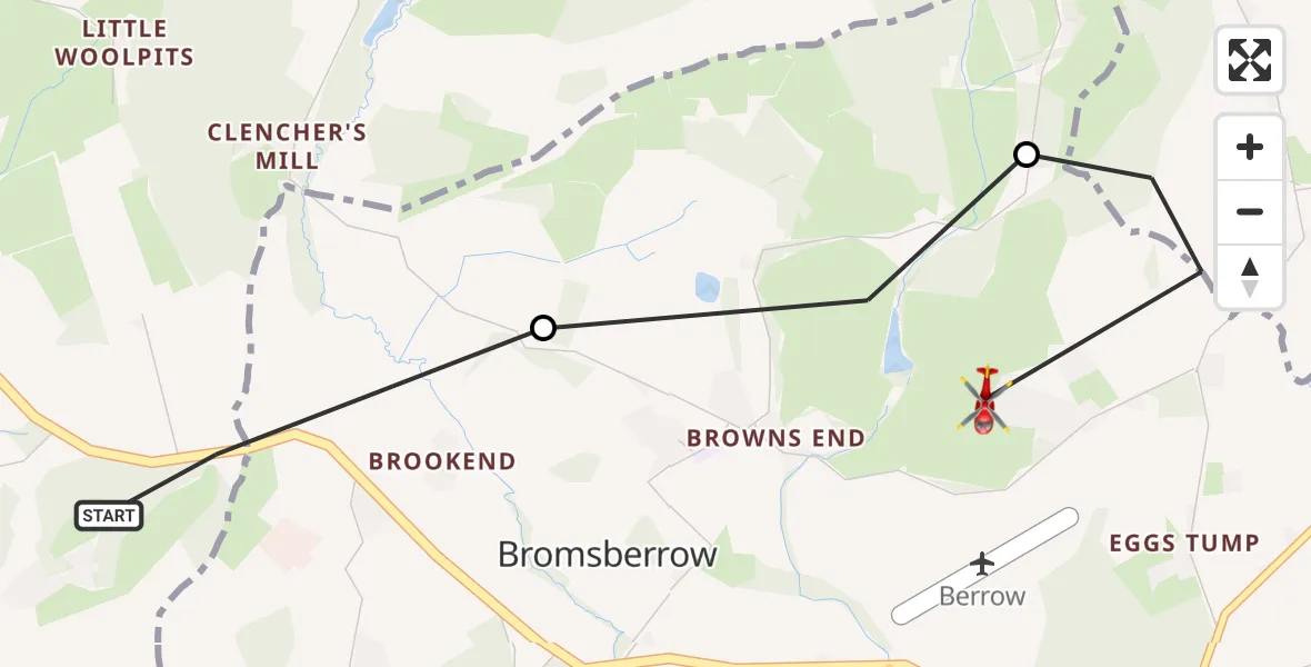 Flight route map: Air Ambulance Helicopter to Bromsberrow, Albright Lane