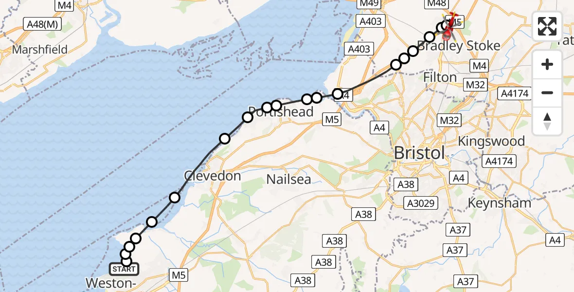 Routekaart van de vlucht: Air Ambulance Helicopter to Almondsbury Helicopter Base, Almondsbury Helicopter Base
