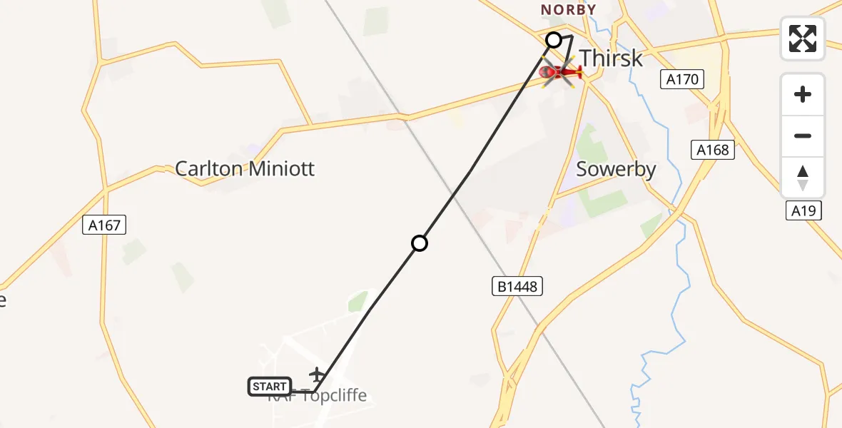 Flight route map: Air Ambulance Helicopter to Thirsk, Station Road