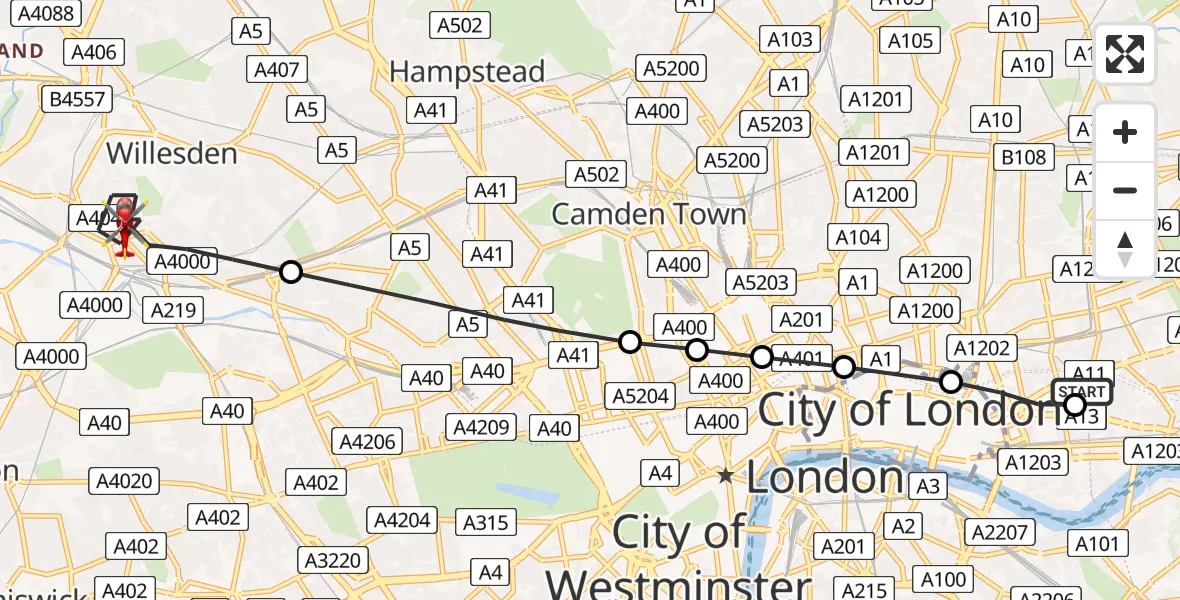 Flight route map: Air Ambulance Helicopter to London Borough of Brent, Crownhill Road