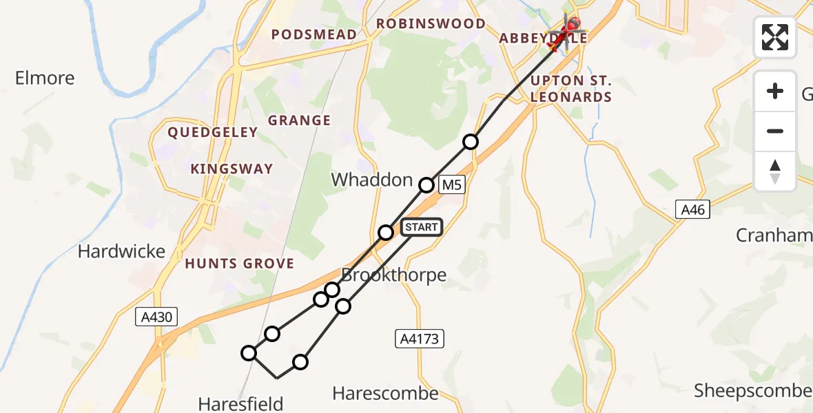 Flight path map showing Air Ambulance Helicopter route from Brookthorpe to Gloucester