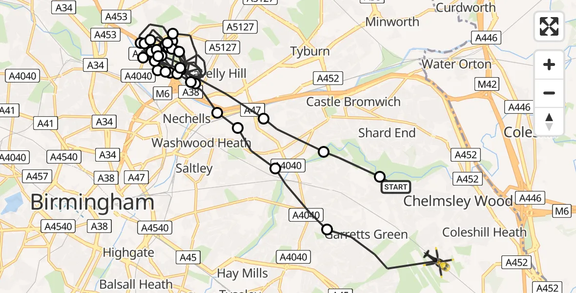 Flight route map: Police Helicopter to Marston Green, Canterbury Drive