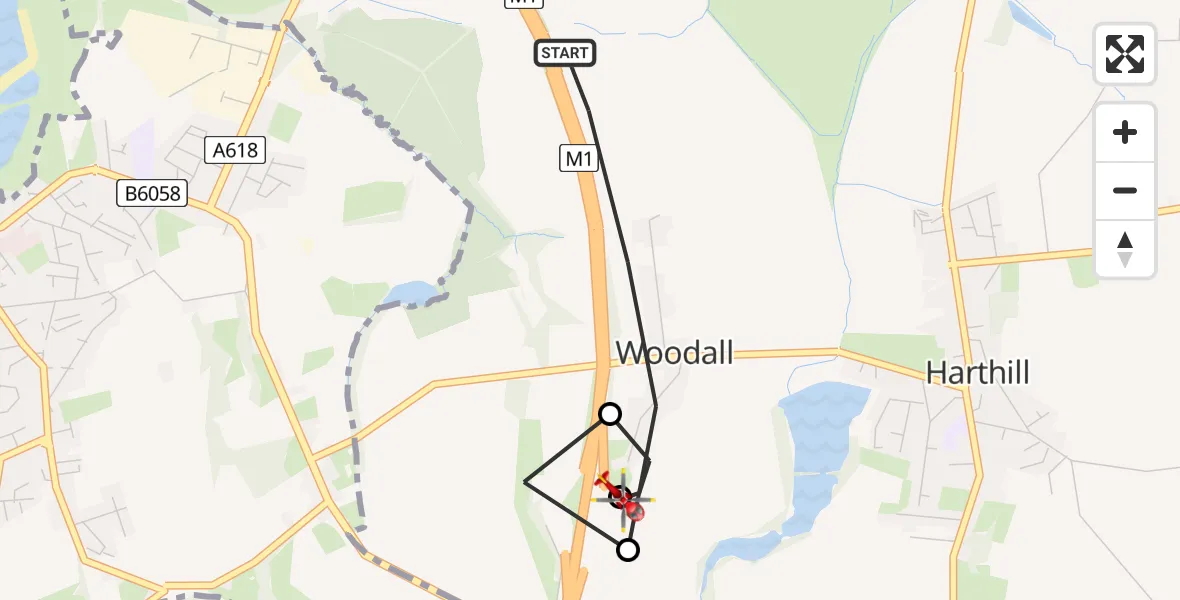 Flight route map: Air Ambulance Helicopter to Woodall, Dowcarr Lane