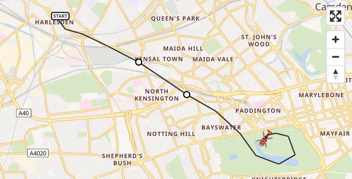 Flight route map: Air Ambulance Helicopter to City of Westminster, West Carriage Drive