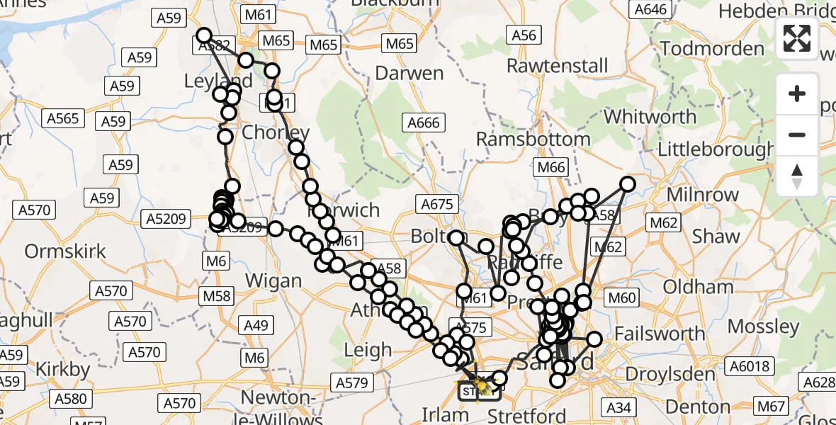 Flight route map: Police Helicopter to Worsley, Twelve Yards Road