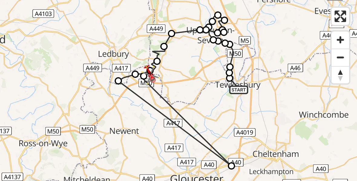 Flight route map: Air Ambulance Helicopter to Bromsberrow, Albright Lane