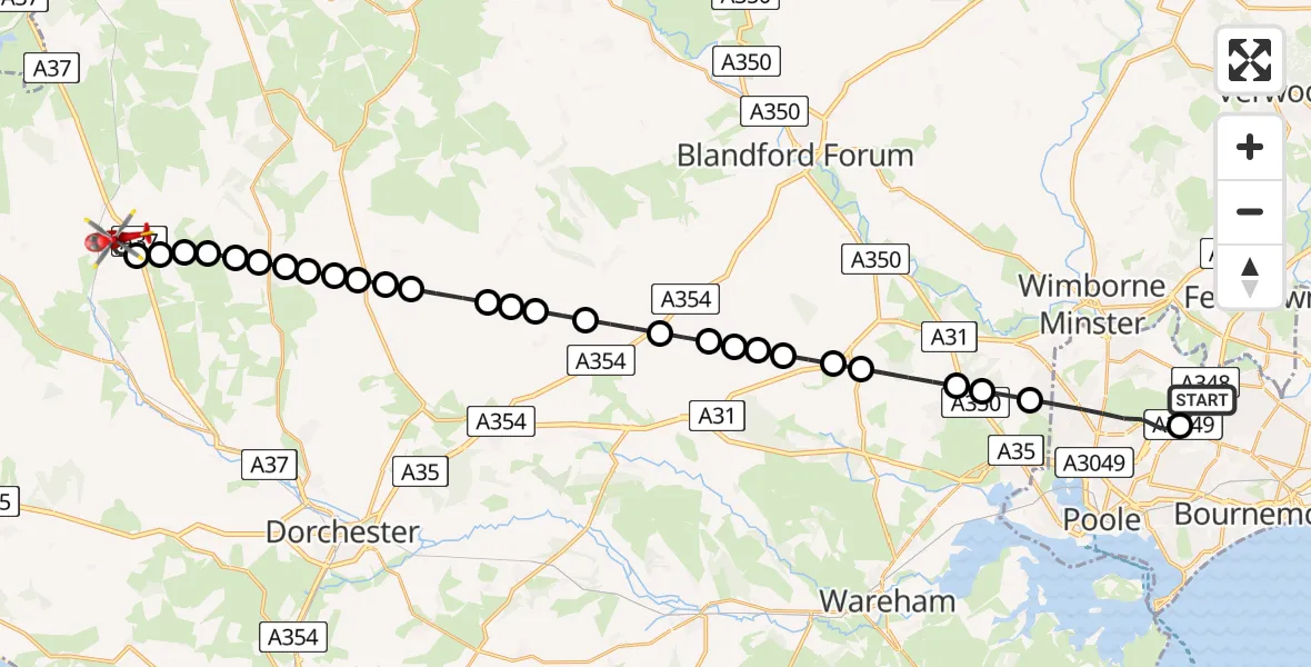 Flight route map: Air Ambulance Helicopter to Frome St Quintin, Chantmarle Lane