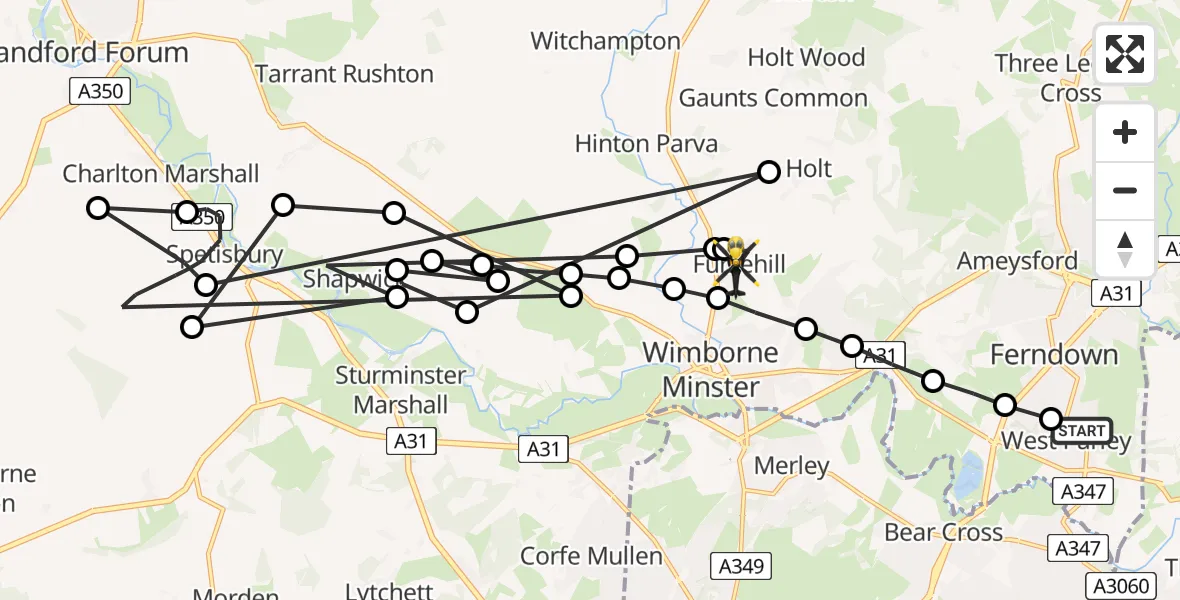 Flight route map: Police Helicopter to Furzehill, Furzehill