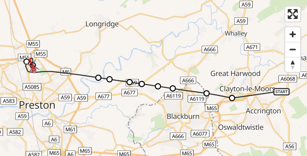 Routekaart van de vlucht: Air Ambulance Helicopter to Preston, Goodwood Avenue