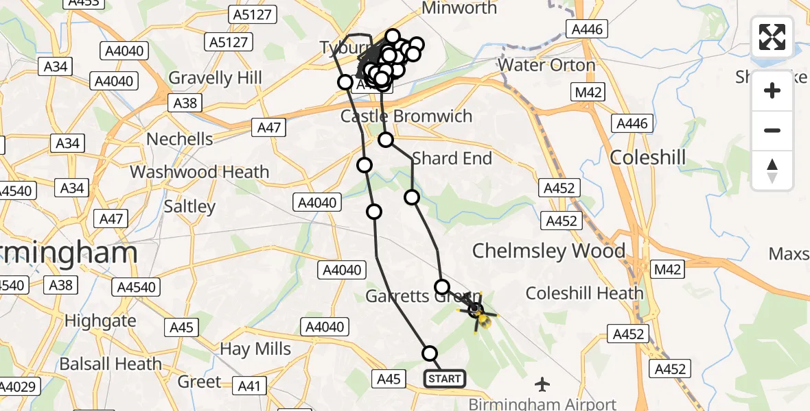 Flight route map: Police Helicopter to Tile Cross, The Radleys