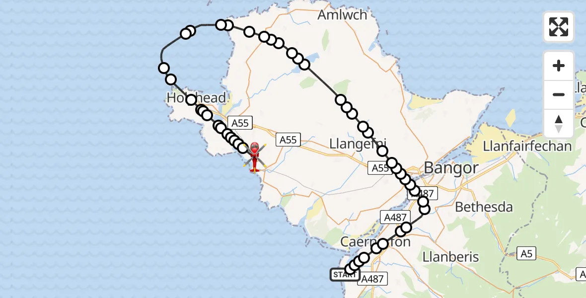 Routekaart van de vlucht: Air Ambulance Helicopter to Rhosneigr, Ffordd Crigyll