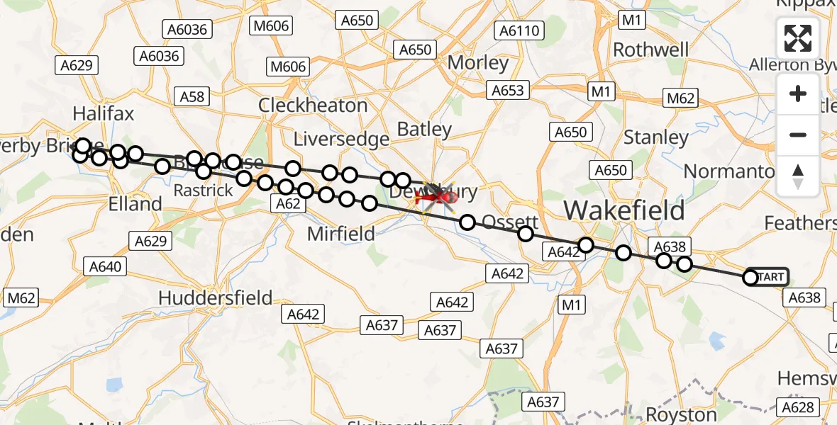 Flight route map: Air Ambulance Helicopter to Dewsbury, Link Road