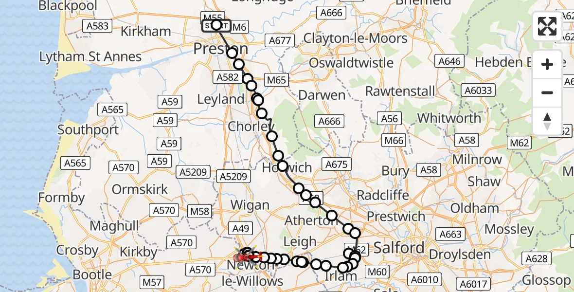 Flight route map: Air Ambulance Helicopter to Newton-le-Willows, Lodge Lane