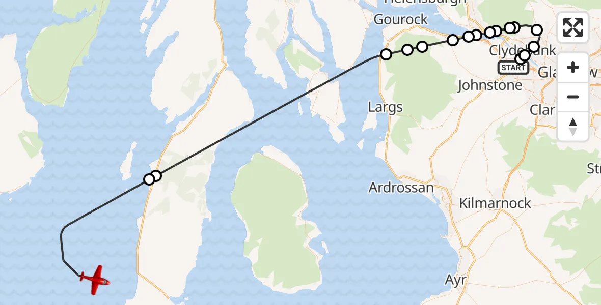 Flight path map showing Air Ambulance Aircraft route from Glasgow Airport to Inner Seas