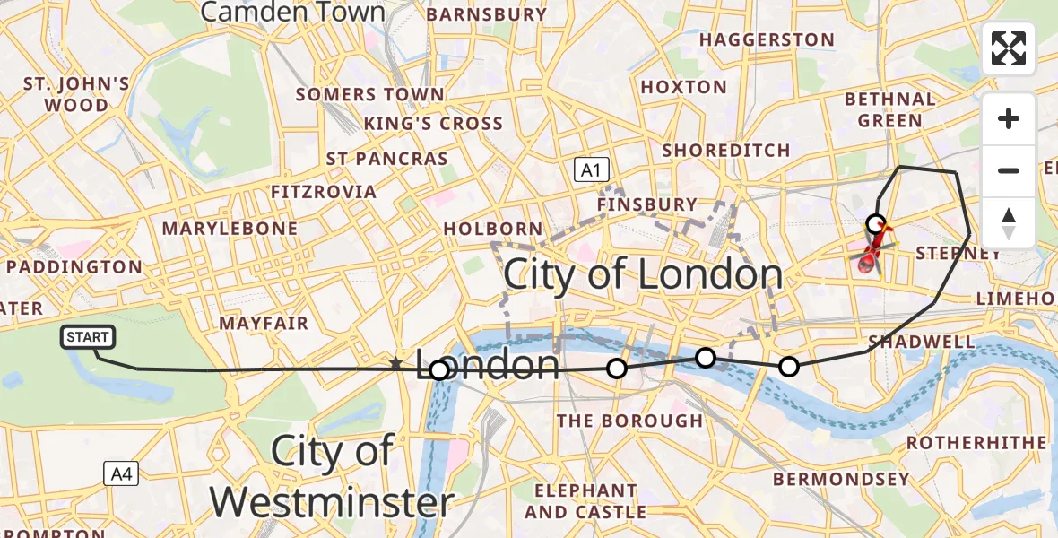 Flight route map: Air Ambulance Helicopter to Royal London Hospital, Royal London Hospital