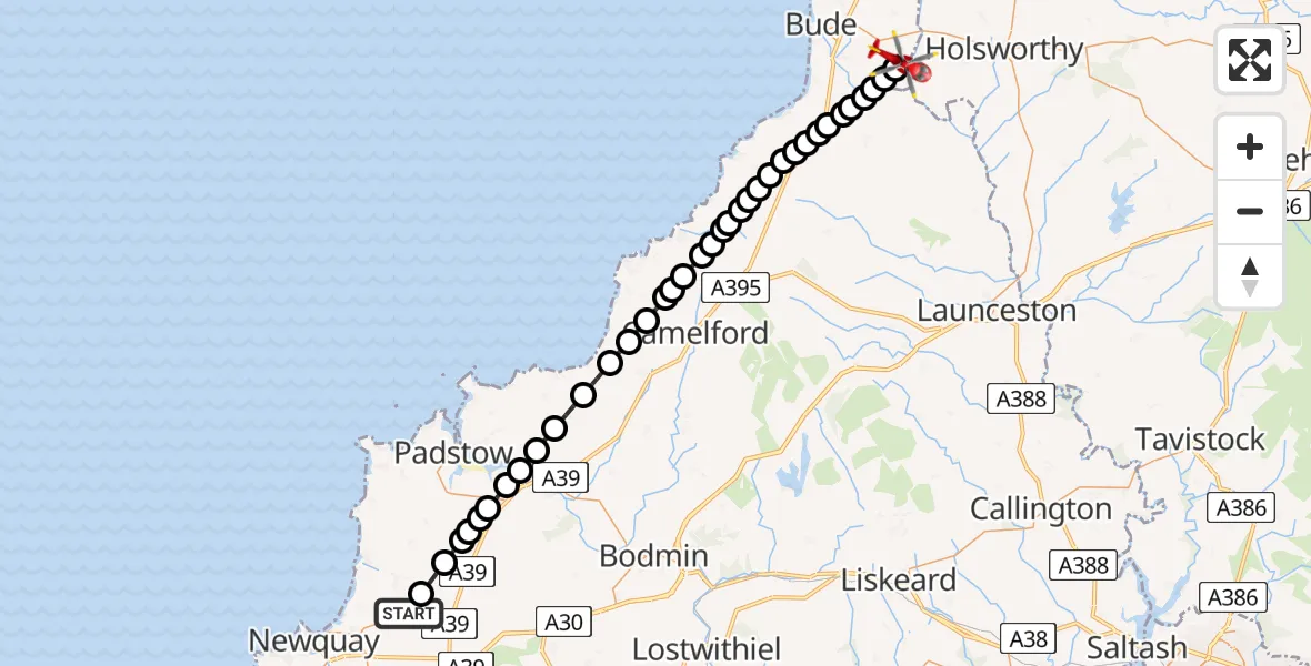 Flight route map: Air Ambulance Helicopter to Torridge, B3254