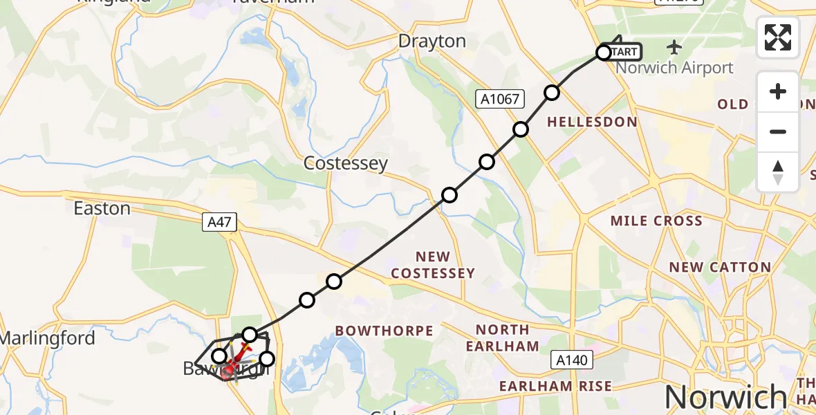 Flight route map: Air Ambulance Helicopter to Bawburgh, New Road