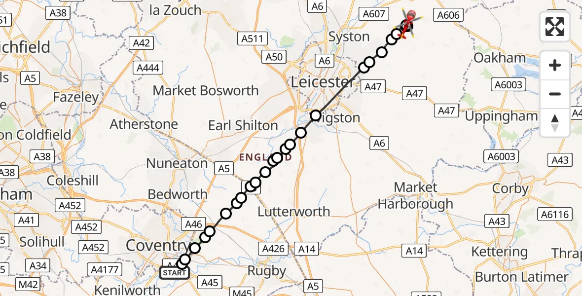 Routekaart van de vlucht: Air Ambulance Helicopter to Great Dalby, Ashby Folville Road