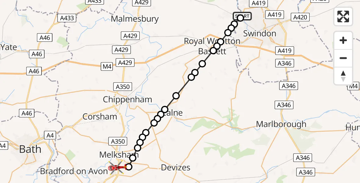 Routekaart van de vlucht: Air Ambulance Helicopter to Melksham, Commerce Way
