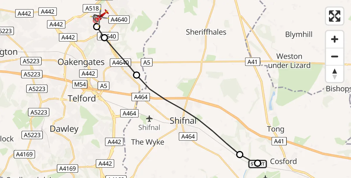 Flight route map: Air Ambulance Helicopter to Donnington, Turreff Avenue