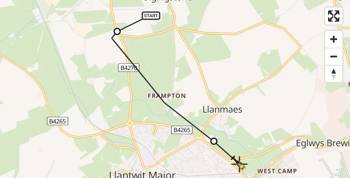 Flight path map showing Police Helicopter route from Sigingstone to Boverton