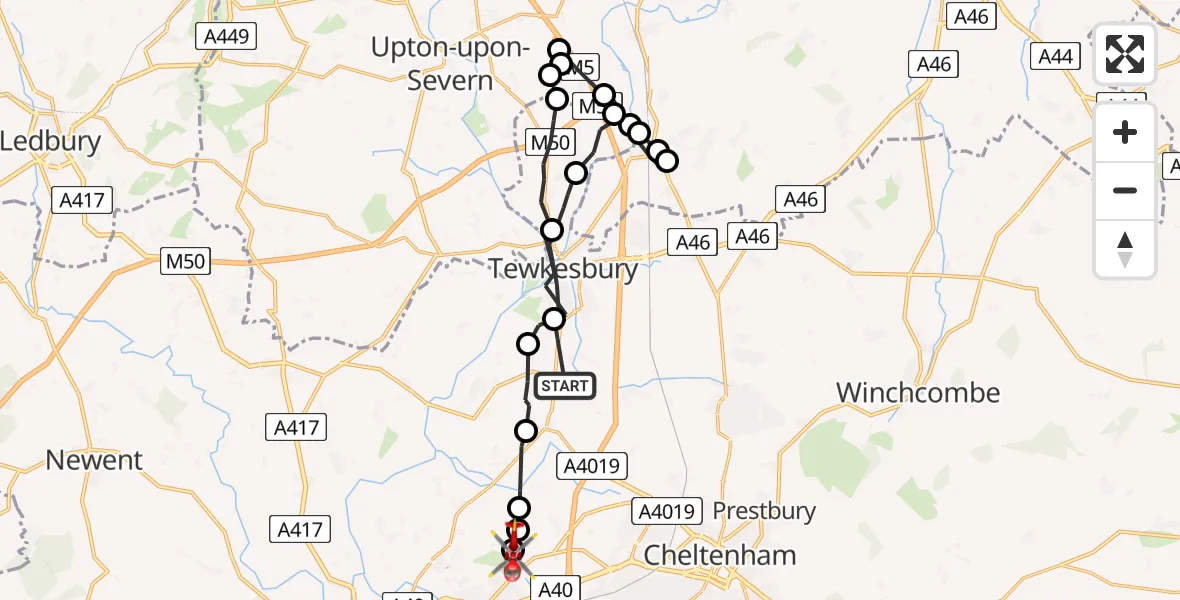 Routekaart van de vlucht: Air Ambulance Helicopter to Gloucester, Cheltenham Road