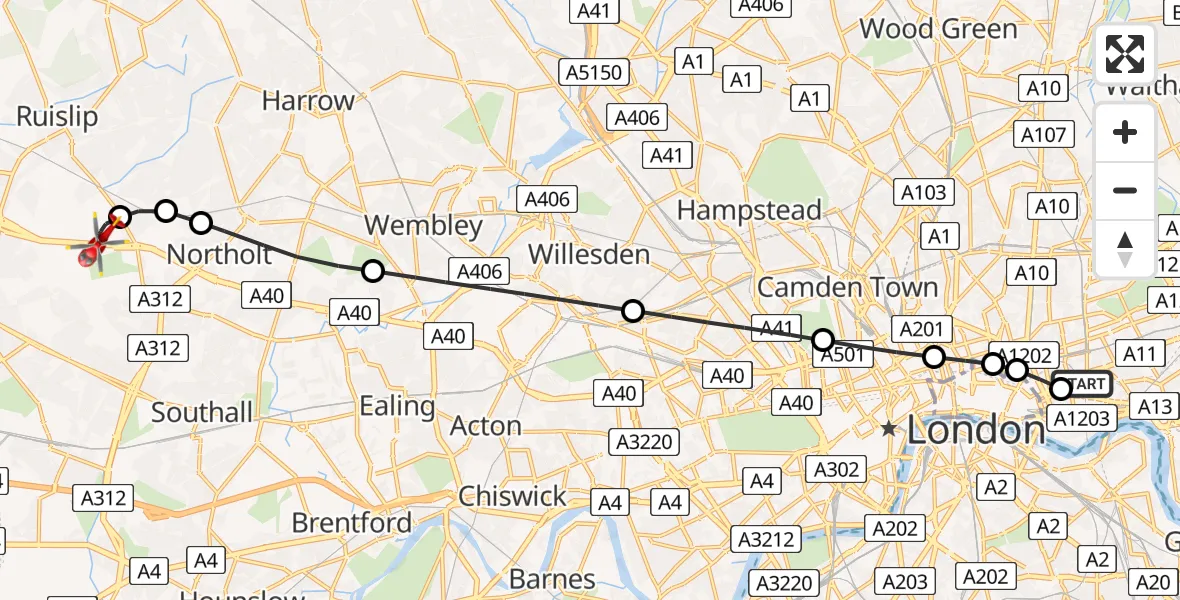 Flight route map: Air Ambulance Helicopter to RAF Northolt, RAF Northolt