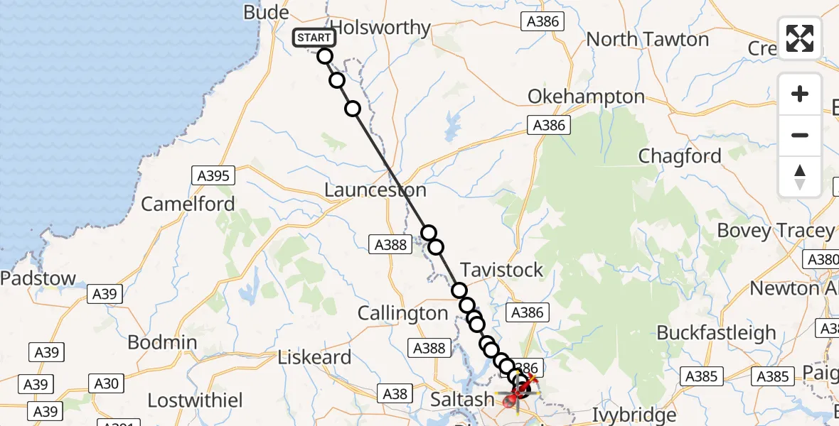 Flight route map: Air Ambulance Helicopter to Derriford Hospital, Derriford Hospital
