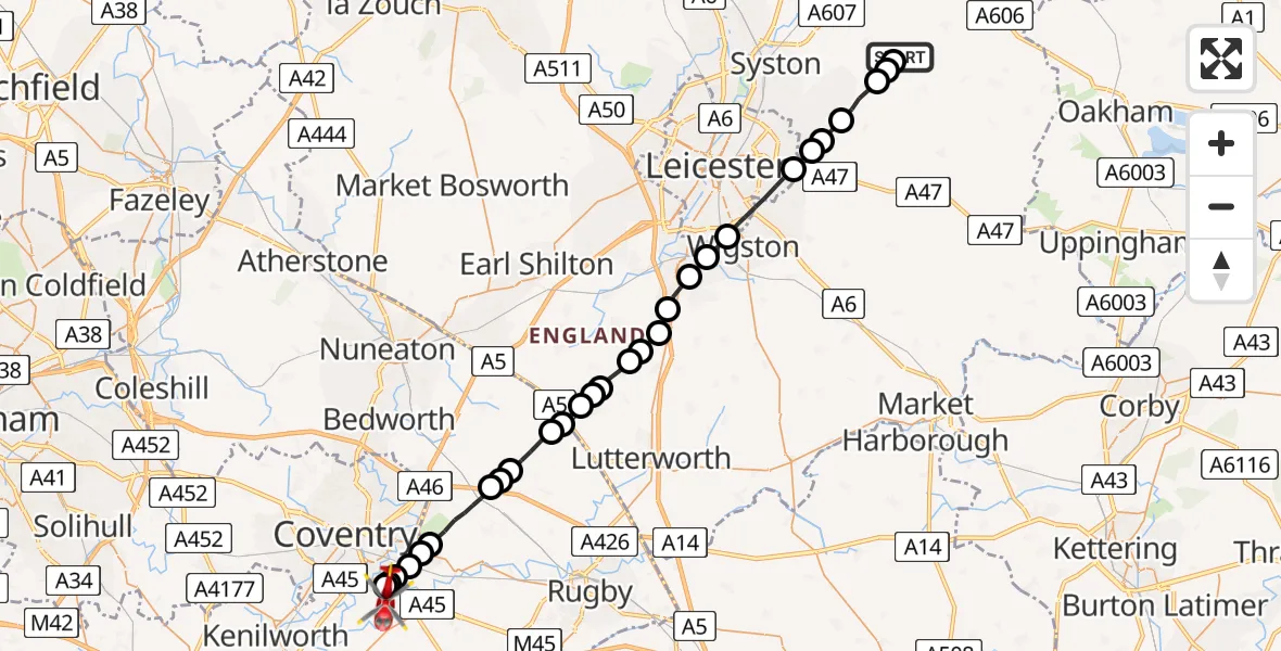 Routekaart van de vlucht: Air Ambulance Helicopter to Baginton, Siskin Parkway West