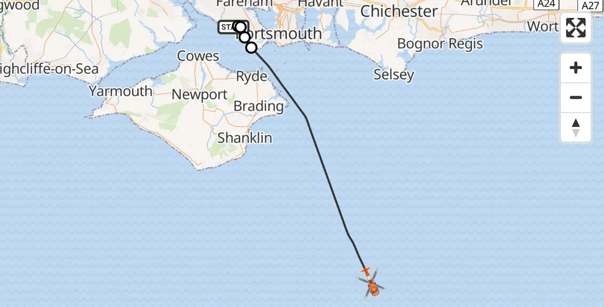 Flight route map: Coastguard Helicopter to English Channel, English Channel