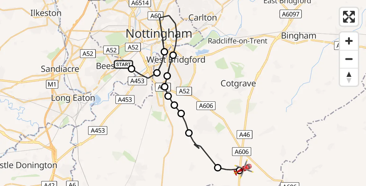 Flight route map: Air Ambulance Helicopter to Nottingham Heliport, Nottingham Heliport