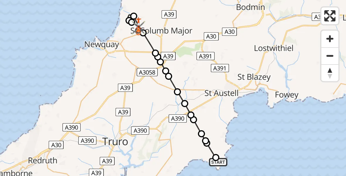 Flight route map: Coastguard Helicopter to Cornwall Airport Newquay, Cornwall Airport Newquay