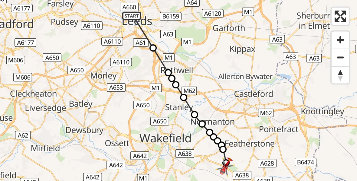Flight route map: Air Ambulance Helicopter to YAA Nostell Helicopter Port, YAA Nostell Helicopter Port