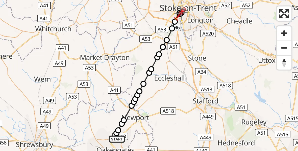 Routekaart van de vlucht: Air Ambulance Helicopter to University Hospital North Staffs, University Hospital North Staffs