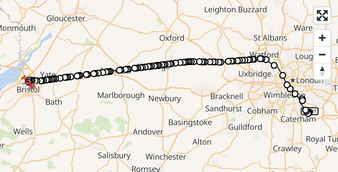 Flight route map: Air Ambulance Helicopter to Bristol, Southmead Road