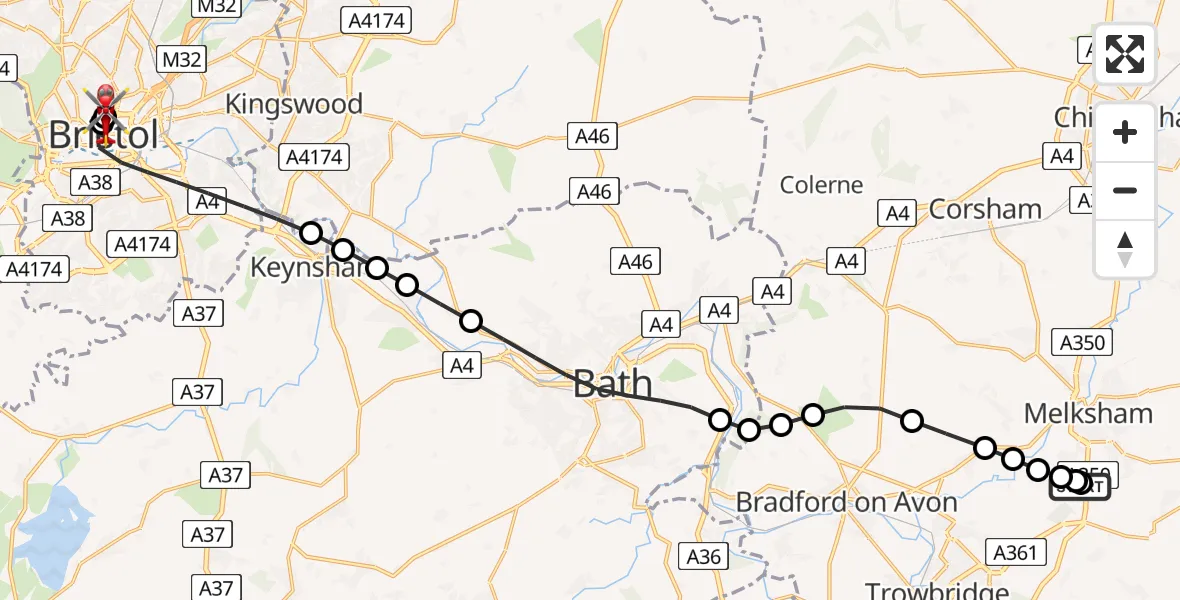 Flight route map: Air Ambulance Helicopter to Bristol Royal Infirmary, Bristol Royal Infirmary