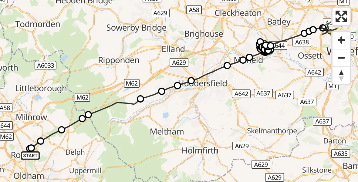 Routekaart van de vlucht: Police Helicopter to Wrenthorpe, Brandy Carr Road