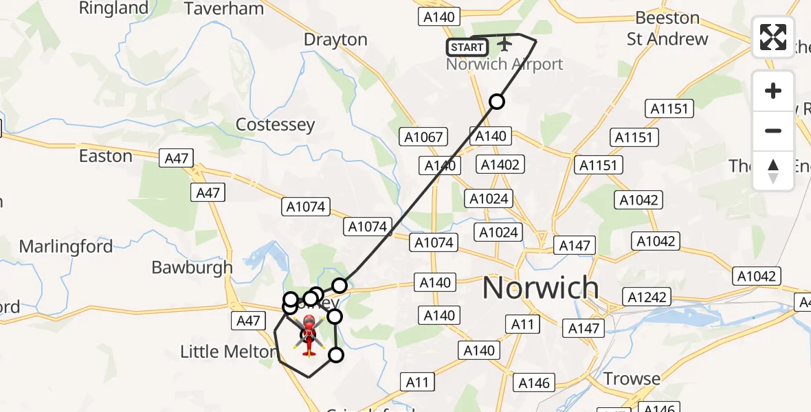 Flight route map: Air Ambulance Helicopter to Norfolk & Norwich Hospital, Norfolk & Norwich Hospital
