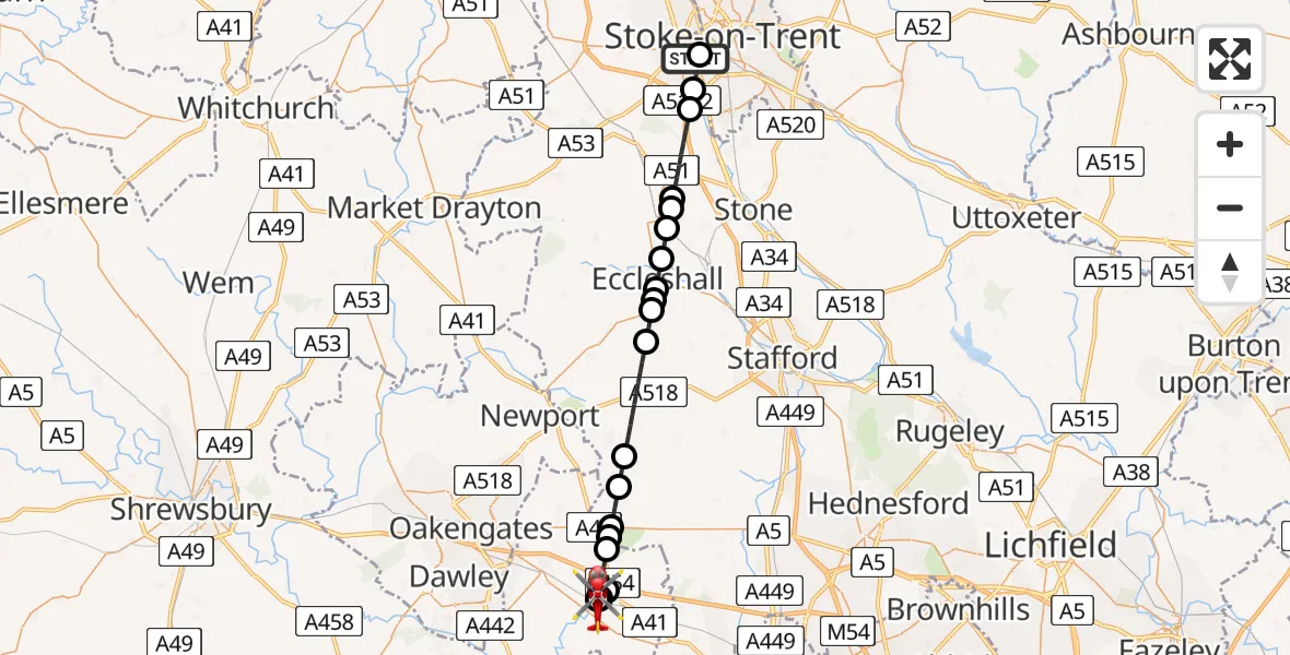 Routekaart van de vlucht: Air Ambulance Helicopter to Cosford, Airbase Avenue