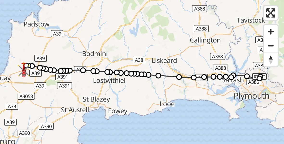 Flight route map: Air Ambulance Helicopter to Cornwall Airport Newquay, Cornwall Airport Newquay