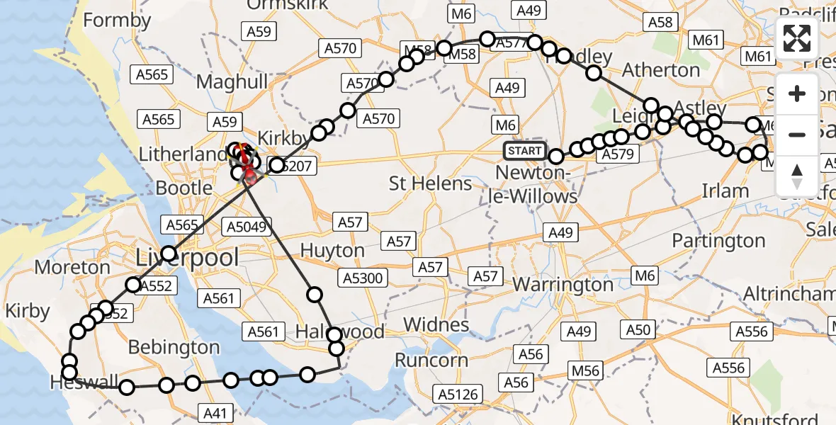 Flight route map: Air Ambulance Helicopter to Aintree University Hospital Heliport, Aintree University Hospital Heliport