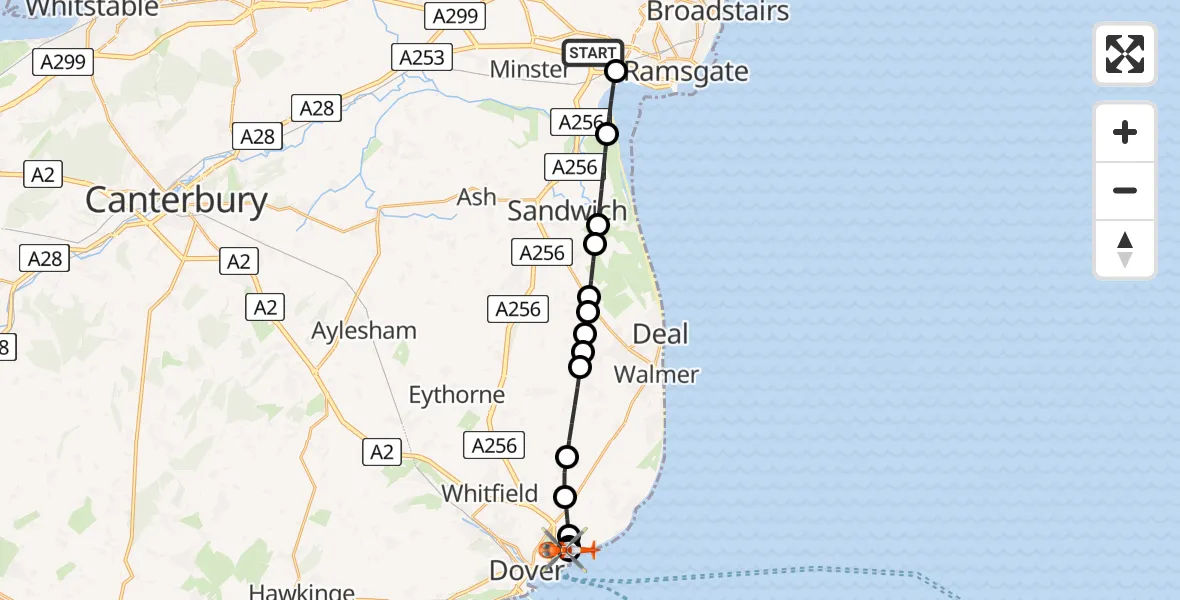 Flight route map: Coastguard Helicopter to Langdon Battery Heliport, Langdon Battery Heliport