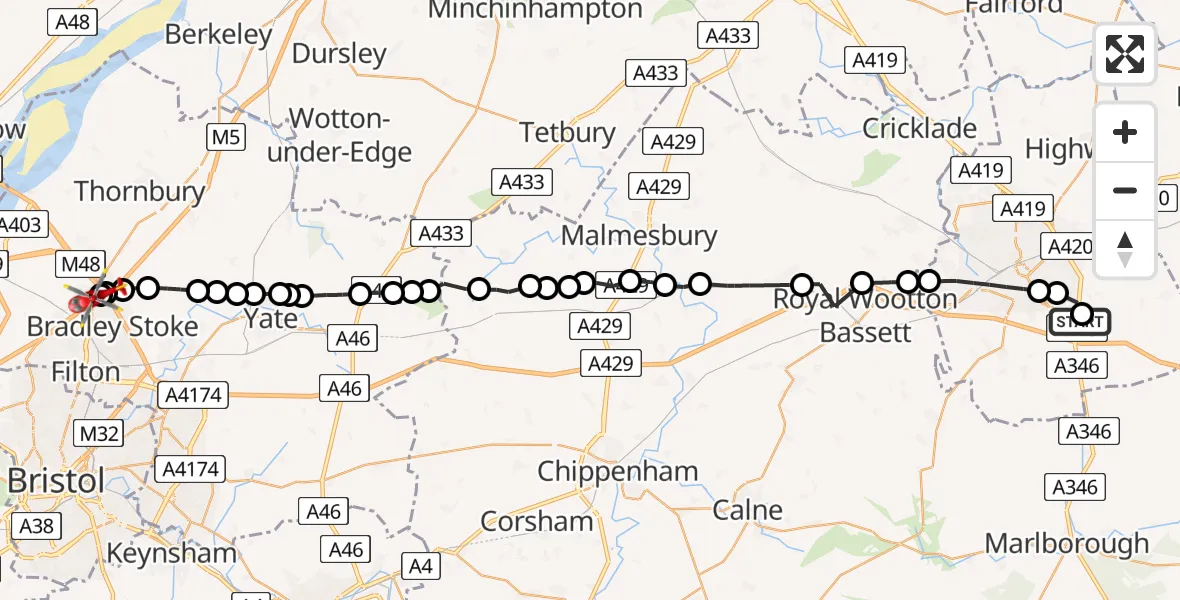 Routekaart van de vlucht: Air Ambulance Helicopter to Almondsbury Helicopter Base, M4