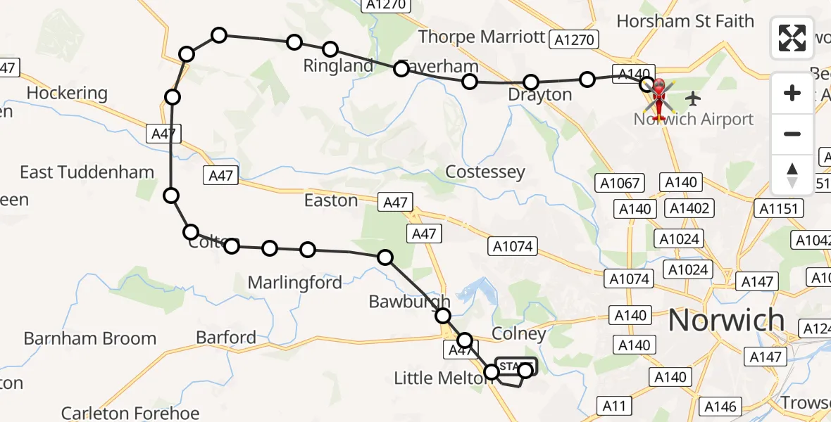 Flight route map: Air Ambulance Helicopter to Norwich Airport, Norwich Airport