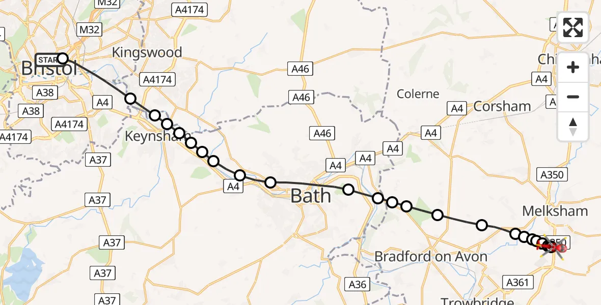 Flight route map: Air Ambulance Helicopter to Wiltshire Air Ambulance, Wiltshire Air Ambulance