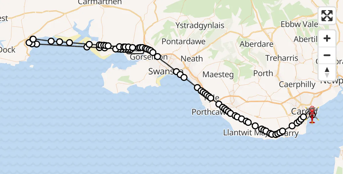 Flight route map: Air Ambulance Helicopter to Cardiff Heliport, Cardiff Heliport