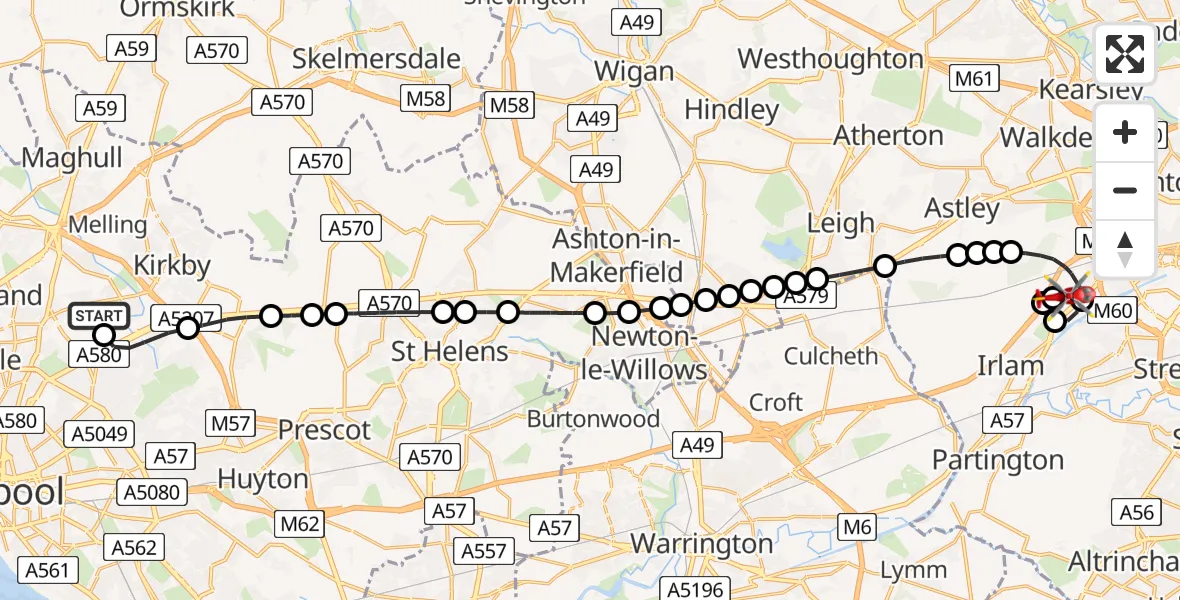 Flight route map: Air Ambulance Helicopter to Manchester Barton Aerodrome, Manchester Barton Aerodrome