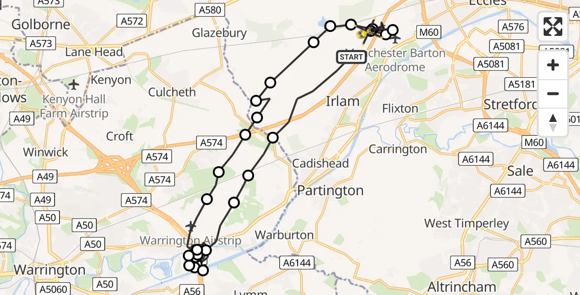 Flight path map showing Police Helicopter route from Irlam to Irlam